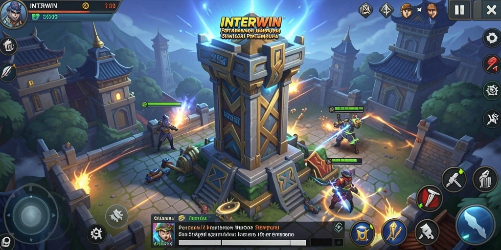 Tampilan gameplay mendebarkan di INTERWIN dengan aksi Tower Defense intens.